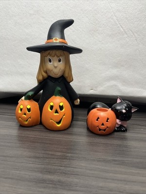 VTG Ceramic Halloween Witches w/Pumpkins And Cat Illuminated  No Light Included￼