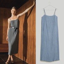 MADEWELL The Goldie Dress in Plissé Midi Dress Color Teapot Blue Size 00