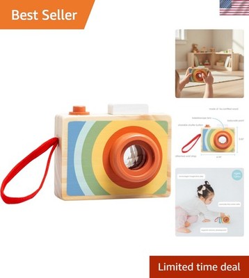 Wooden Kaleidoscope Camera Toy, Montessori Pretend Play Camera with Click But...