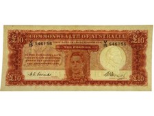 1949 Ten Pounds Coombs / Watt Banknote First Prefix V/15 