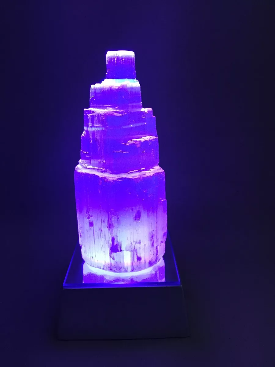 Selenite Tower Lamp Point Gemstone Specimen With LED Light Base Reiki Chakra