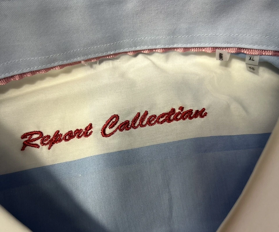 REPORT COLLECTION Men's Button Front Shirt ~ XL Blue Green White Orange Stripe - Image 4 of 4