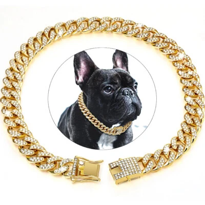 Pet Dog Cat Metal Gold Chain Diamond Cuban Collar Link Luxury Necklace Bling