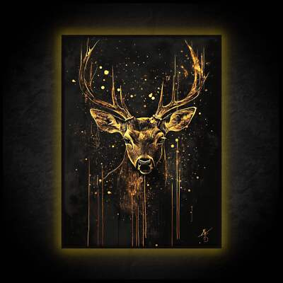 LED Leuchtbild - Goldener Hirsch - Leuchtendes Wandbild mit Rahmen