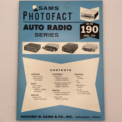 #ad Sams Photofact Auto Radio Series Vol 190 April 1975 AR 190 Buick Lear Jet Olds $9.95