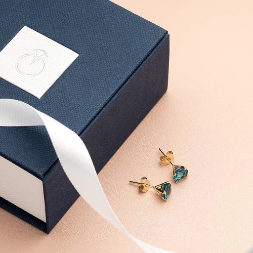 14K Yellow Gold Round Cut 2.00 Carats London Blue Topaz Stud Earrings - Picture 5 of 5
