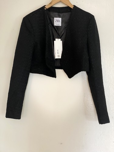 Zara Black Tweed Cropped Jacket Size | LARGE | - 第 1/5 張圖片