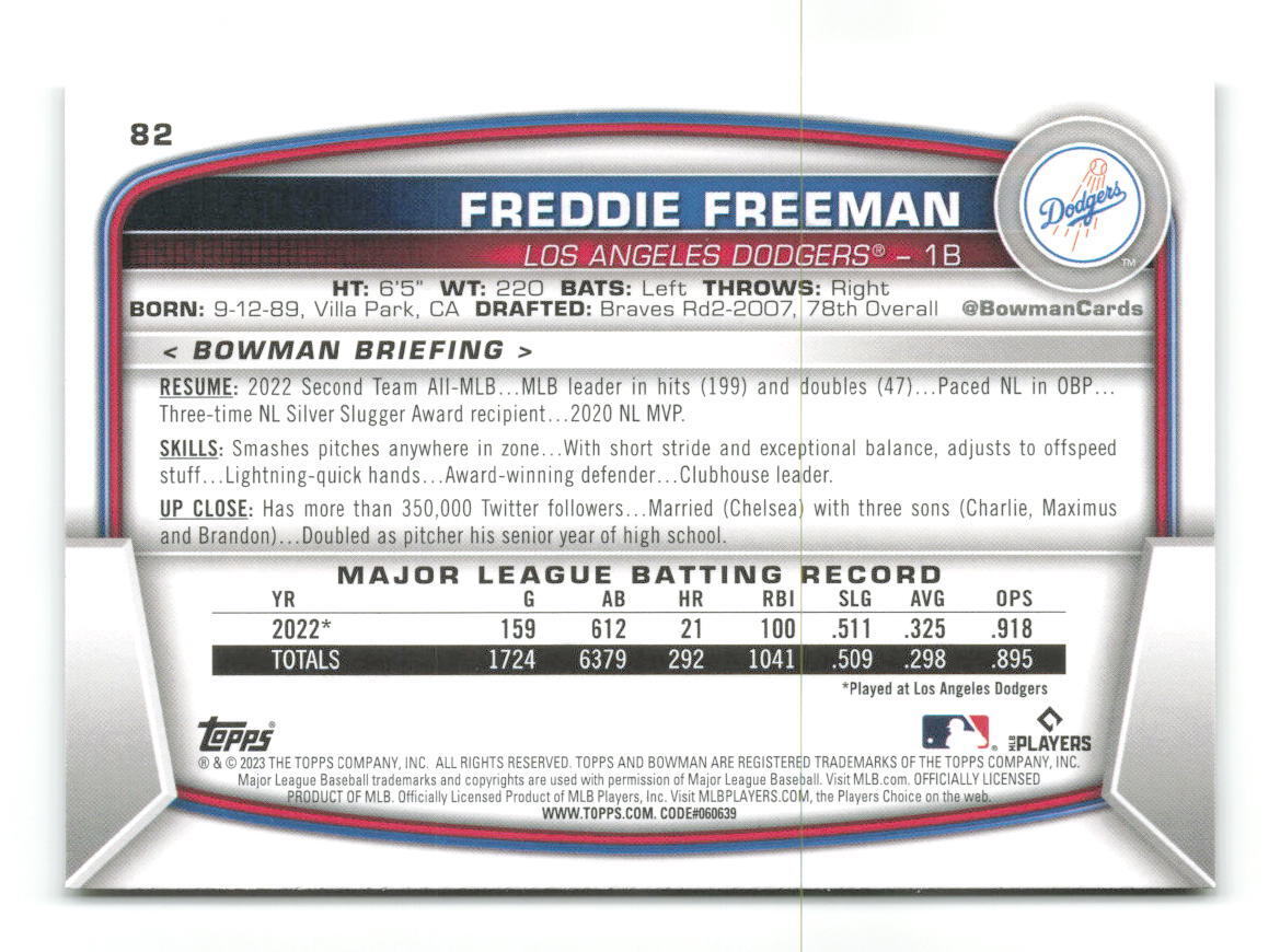 2023 Bowman Freddie Freeman #82 Los Angeles Dodgers Baseball 2023 Bowman Freddie Freeman #82 Los Angeles Dodgers Baseball