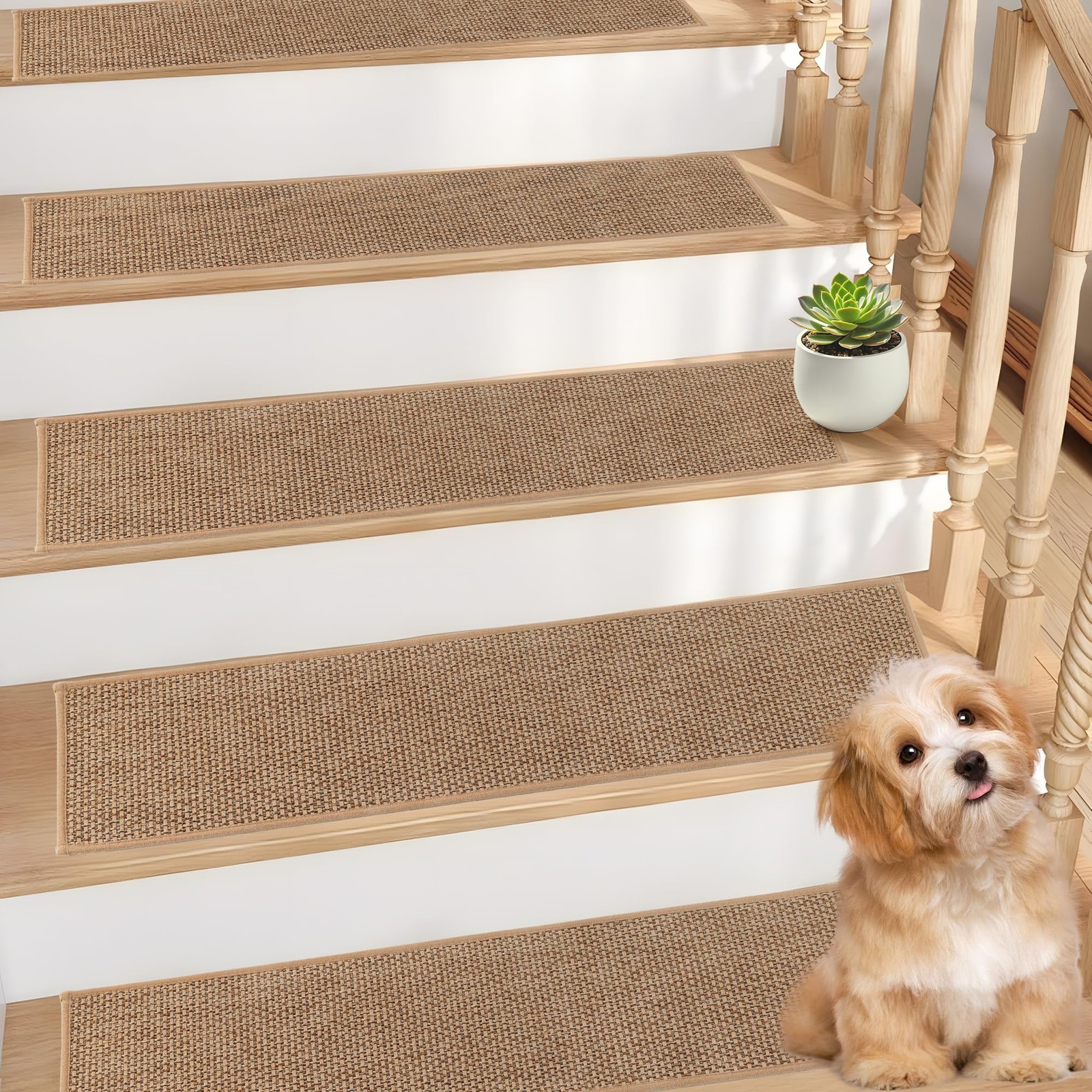 Non-Slip Natural Linen Stair Treads for Wooden Steps - 15-Piece Set 8x30 Inches