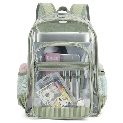 Green Corduroy Clear Backpack Girls Women Heavy Duty Transparent PVC Bookbag