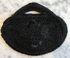 Vintage Black Beaded Evening Bag, Made In France, 2 Hand Mirrors, Gifts for Her