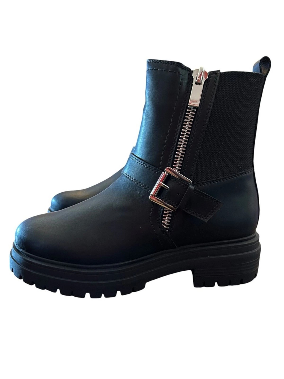 AQUA COLLEGE Womens Black 1 Platform Back Pull-Tab Grant Block Heel Moto 10 M 10090₽