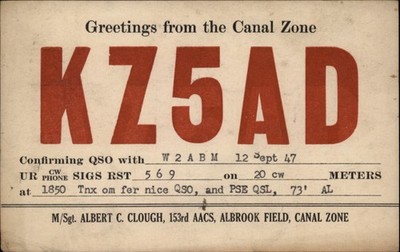 QSL radio card KZ5AD 1947 Albrook Field Canal Zone Panama/US Albert C Clough