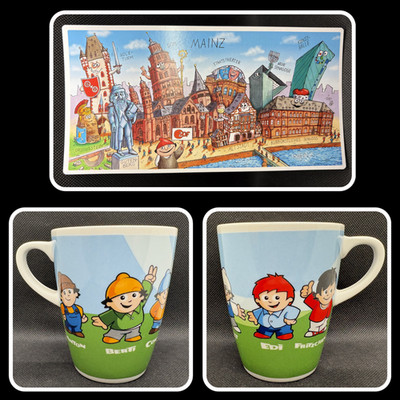 2 x Tasse Mainzelmännchen 2004 Kaffee Becher ZDF Kaffeebecher P:OS + Postkarte