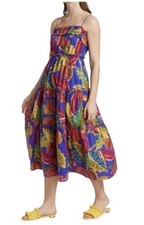 Farm Rio Beaks & Bananas  Size S Crisp Cotton Midi Floral Tiered Dress Pockets