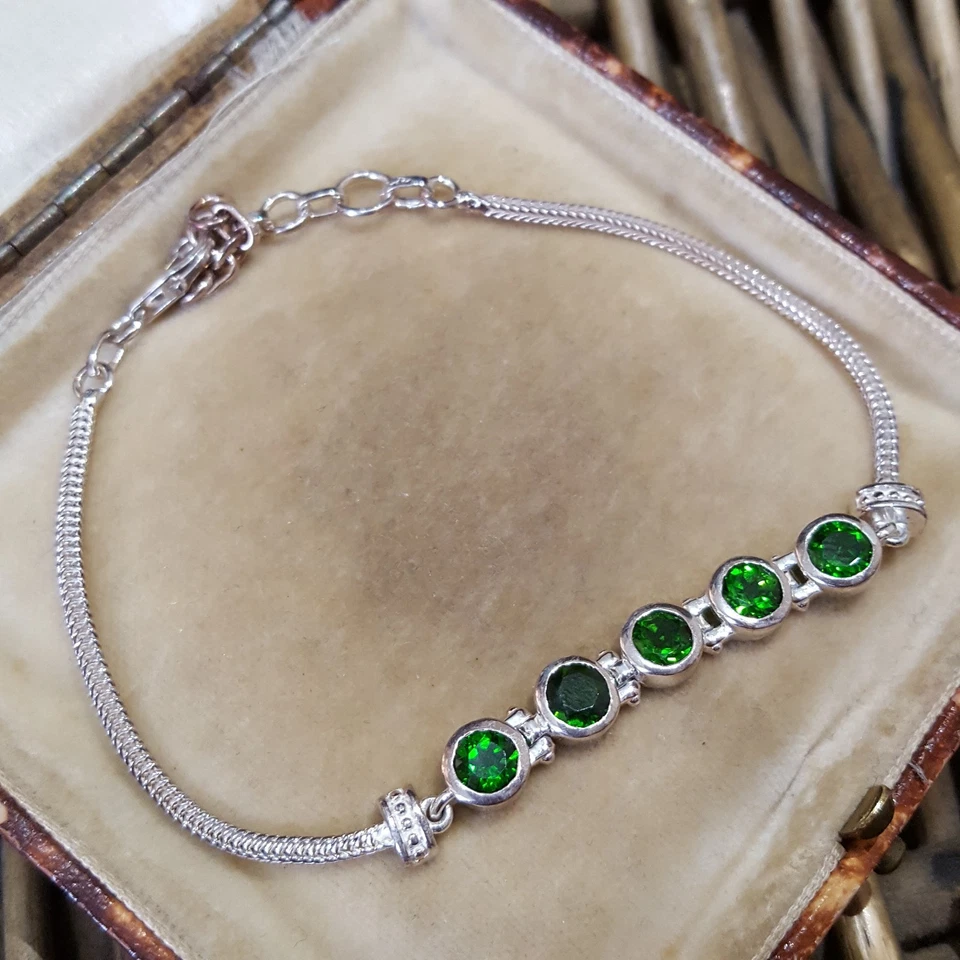 Pulsera de plata de ley 925, piedras preciosas de diopsido verde natural, ajustable Foto 2 de 4