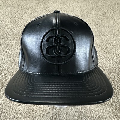 Stussy Hat Cap Men Black Adjustable Strap SS Logo PU Leather
