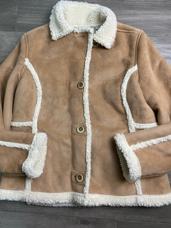LL Bean Suede Sherpa Brown Tan Button Front Coat Women’s Size Small P Western - Image 2 of 4