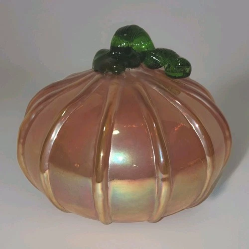 Iridescent Glass Pumpkin Orange Decor Green Stem Halloween Thanksgiving Fall