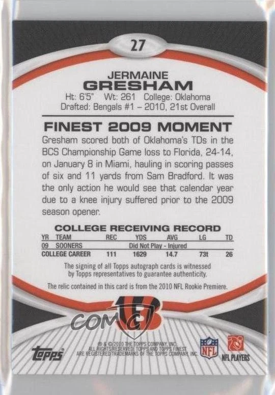 2010 Topps Finest Rookie Patch Auto /300 Jermaine Gresham #27 RPA Patch Auto RC - Image 2 of 2