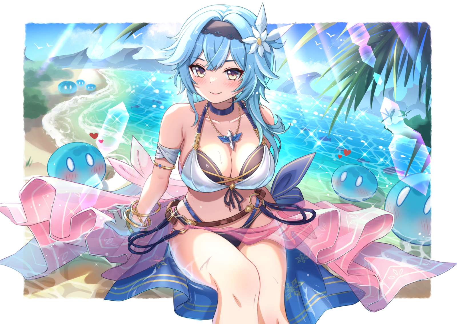 Anime girls eula genshin impact smiling looking at Playmat Gaming Mat Desk