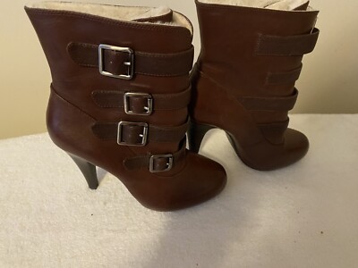 Gianni Bini Leather Boots Size 6.5 Fabric Fur Lined With Buckles(SKU 1122)