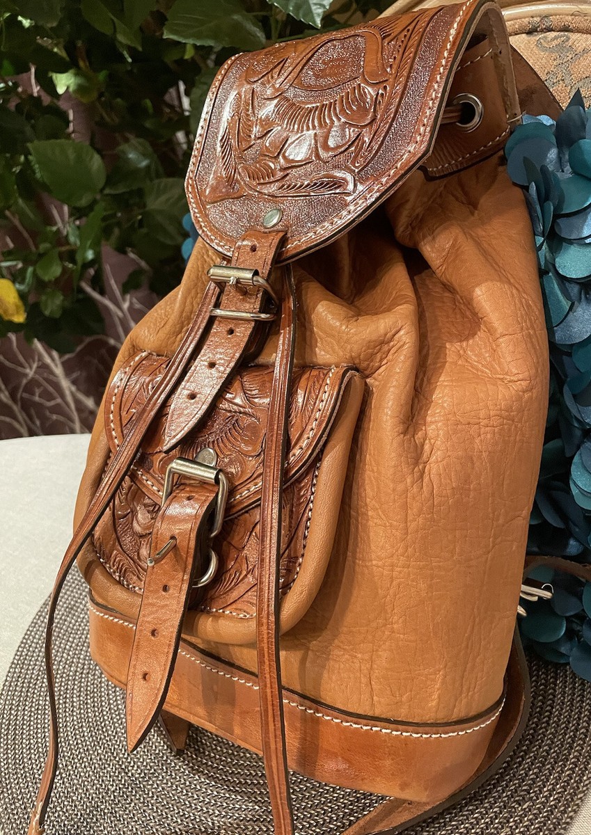 Vintage New Hand Tooled Leather Boho Hippie Backpack Bag