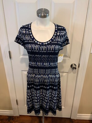 BCBG Max Azria Silk Blue Hailee Geometric Patterned Fit & Flare Dress, Size M