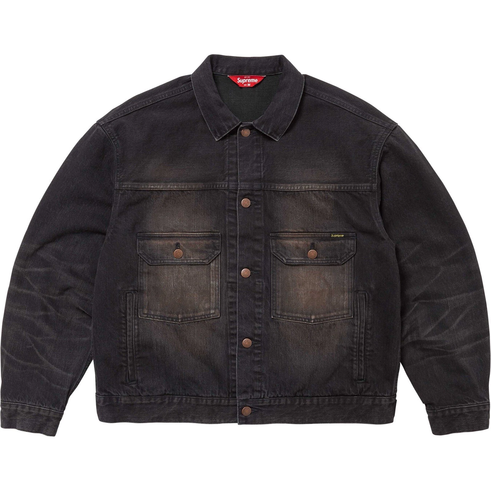 Veste camionneur en jean Selvedge en détresse suprême en délavé noir taille XL