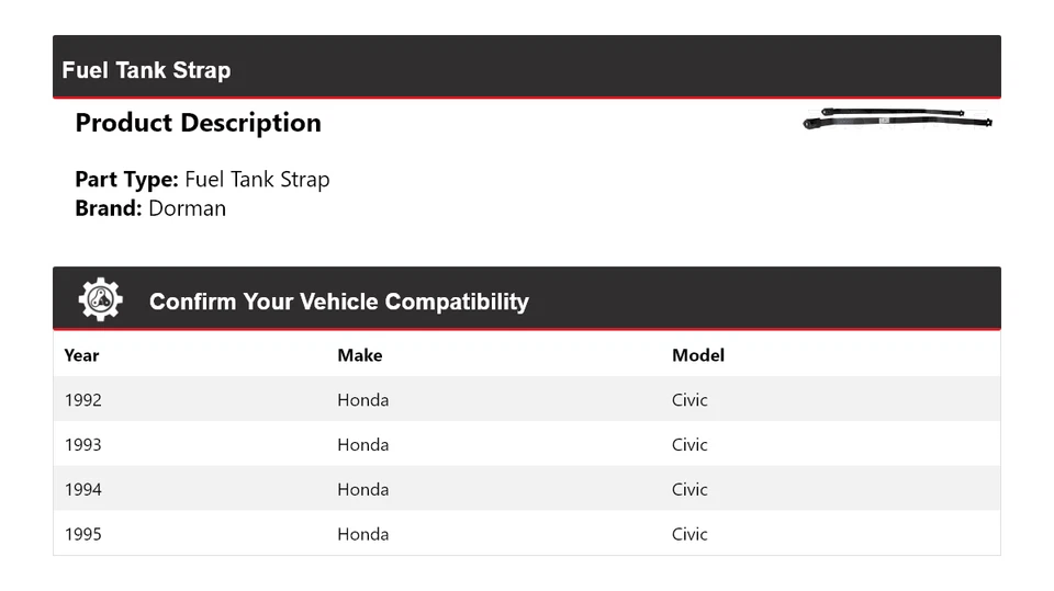 Correia de tanque de combustível Honda Civic Dorman 1992-1995 1993 1994 - Imagem 2 de 4