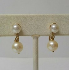 14 K Yellow Gold Akoya White Pearl Dangle Screw-Back Earrings