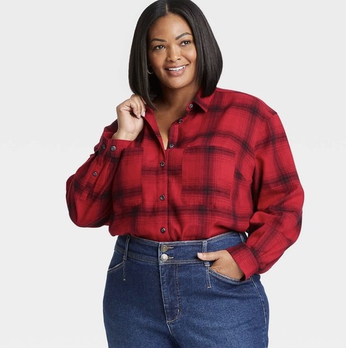 Ava Viv Red Plaid Flannel Shirt Button 