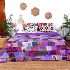 Handmade Silk Patchwork Quilt Indian kantha quilt bed cover boho throw blanket