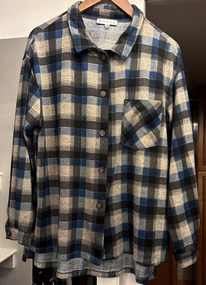 HYFVE Buttoned Polyester Stylish Plaid Shirt Size Large Browns Blues Women