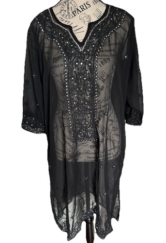 Women’s Vintage Westside Designs Black Sequin Tunic Coverup Size L Y2K Goth Glam
