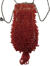 Antique Micro-Beaded Purse Coral Red Fringe Bead Vintage Cinch Sack Flapper