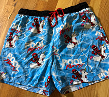 Marvel Deadpool Boys Swim Trunks XL Blue Graphic Print Drawstring Elastic