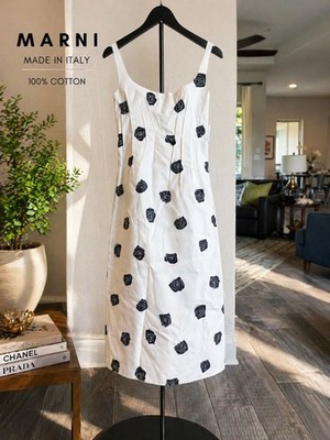 Marni Rose Print Midi Dress White IT 40 US 4 NWT $2300 2025 Cotton Italy