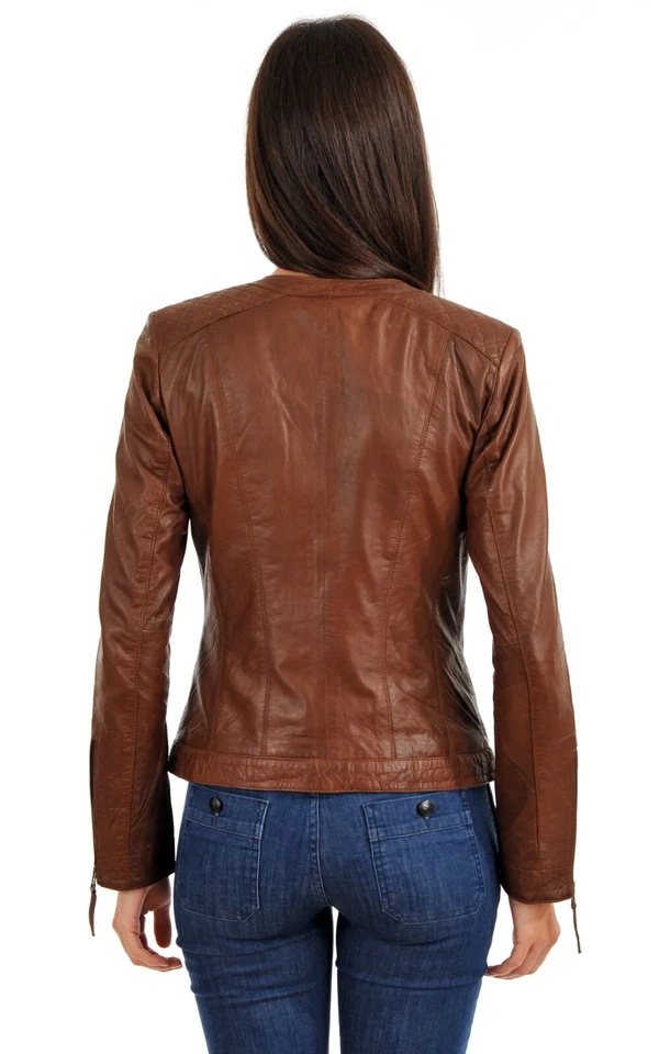 Women Leather Biker Jacket Genuine Brown Leather Bomber Jacket XS-2XL FB112 - Image 2 of 4