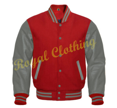 Letterman Baseball Varsity Red  Wool and Genuine Grey Leather Sleeves Jacket