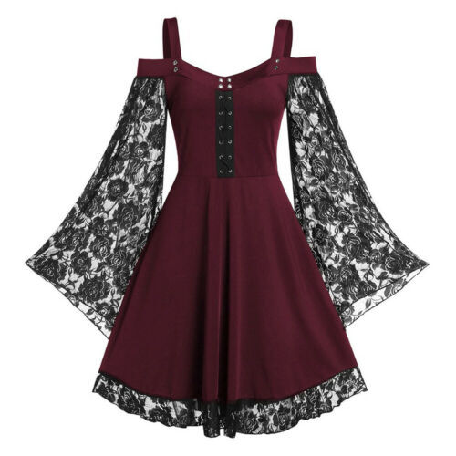 Plus Size Women Victorian Gothic Mini Dress Cold Shoulder Lace Up Tops UK 18-26 - Picture 16 of 18