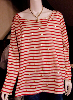 BASIC EDITIONS WOMAN SMALL ( S ) RED/CREAM FOIL DOT 3/4 SLEEVE TOP NWT