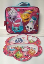 SHOPKINS Canvas/Plastic Front LUNCHBOX & BPA-Free PLATE, Pink/Multi-Colors, NEW