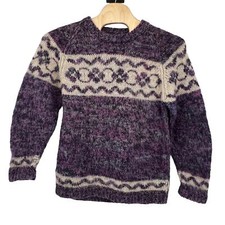 Vintage Fair Isle Nordic Wool Blend Purple Cream Knitted Crew Neck Sweater Lg