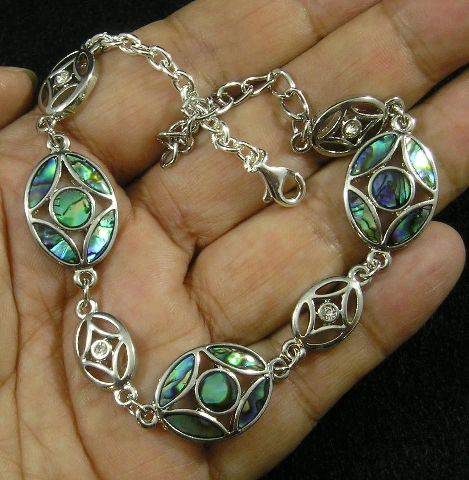 Tornozeleira PAUA ABALONE incrustada oval cristal transparente folheada a prata 9"-11" - Imagem 2 de 2