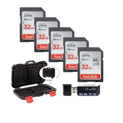 5 SanDisk 32GB Ultra SDHC UHS-I Memory Cards + Case + Card Reader