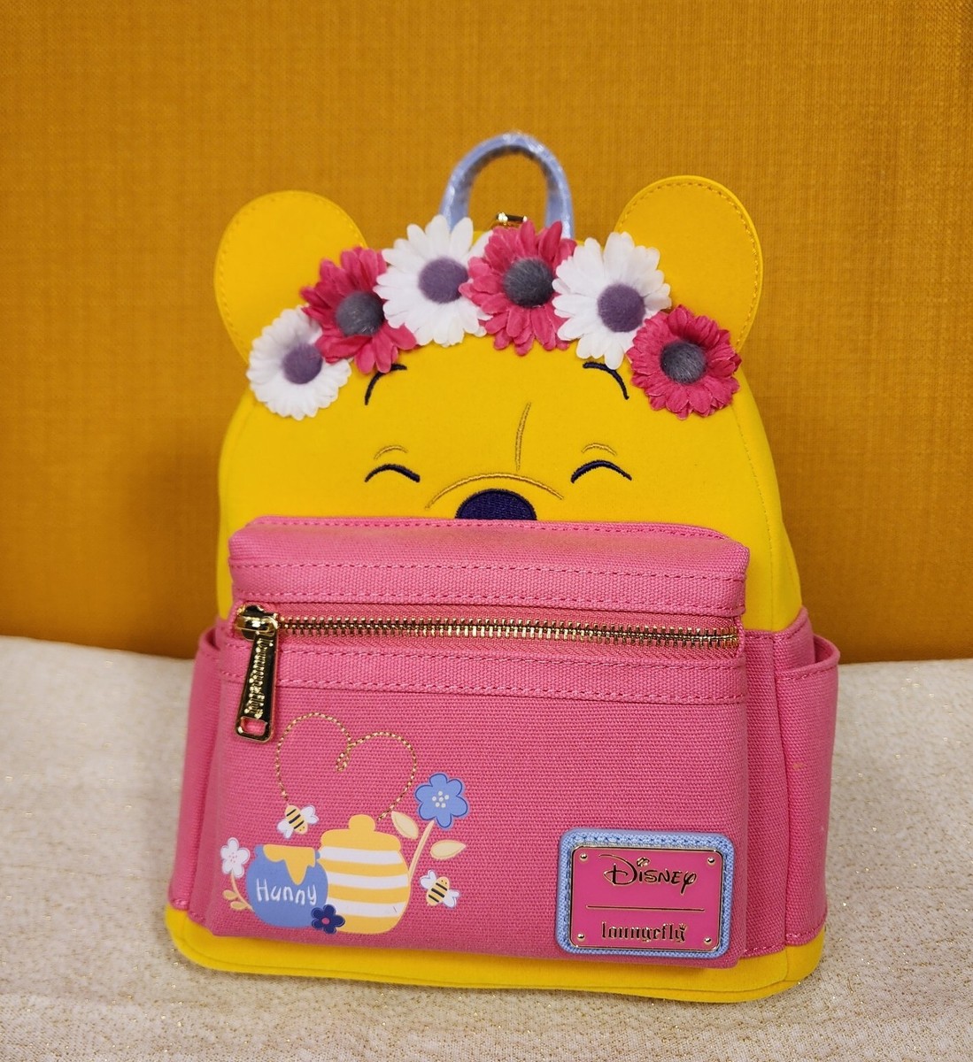 Loungefly Disney Winnie the Pooh Flower Crown Pink Flocked Mini Backpack NEW