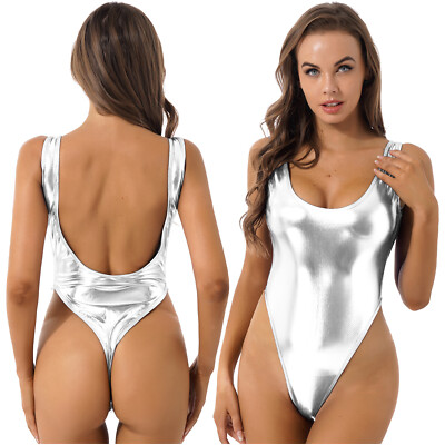 DE Damen Badeanzug Wetlook Metallic Bademode Stringbody Schwimmanzug Bodysuit 