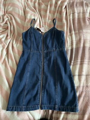 Zip Front Strappy Denim Dress, Boohoo, Dark Blue, Size 6, Brand