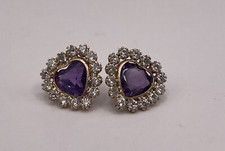 14K Yellow Gold Amethyst Heart w/ CZ Surround Post Earrings 1.2g